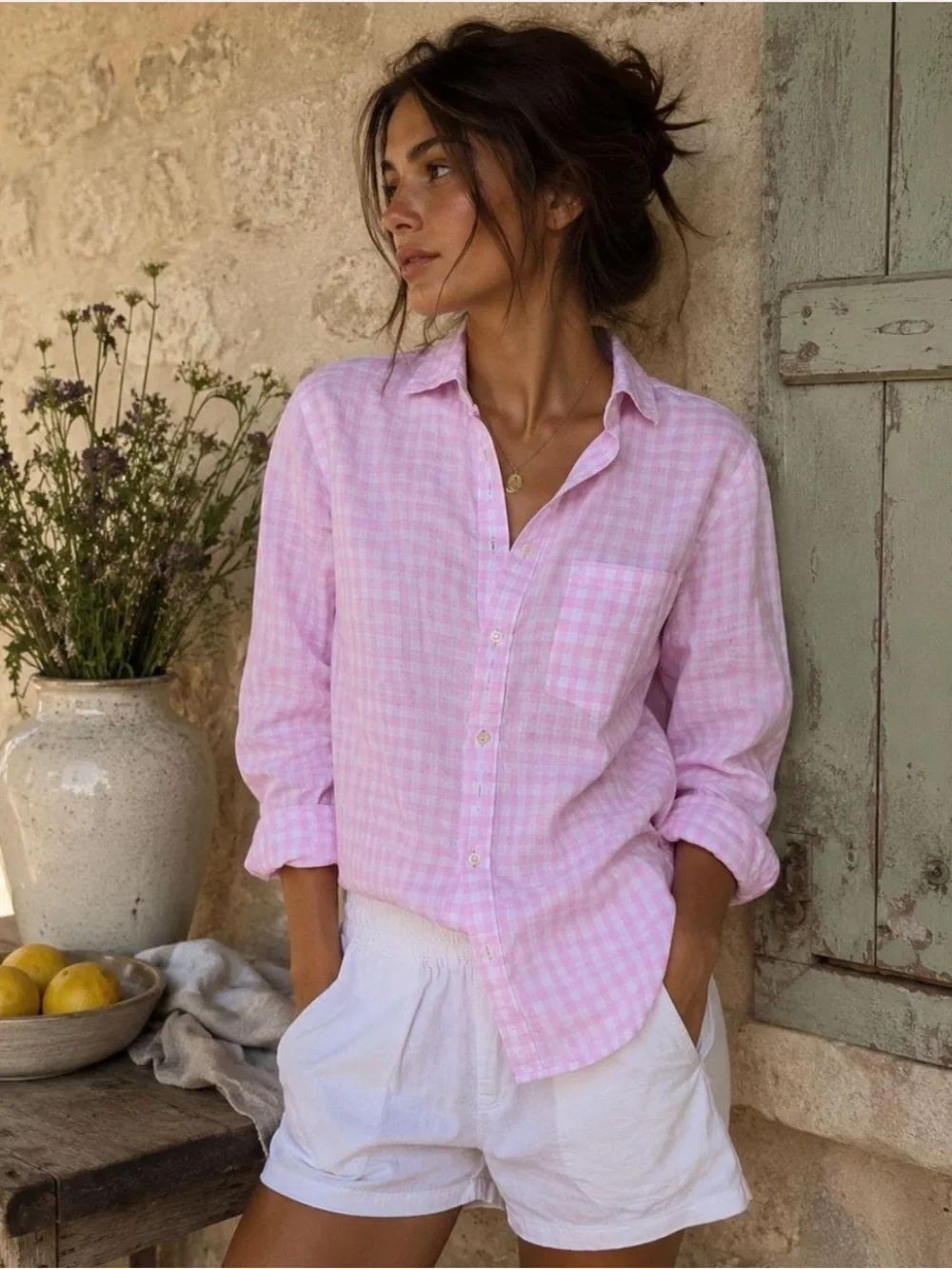 J.Crew L Soft Pink White Gingham Long Sleeve One Chest Pocket Classic Shirt
